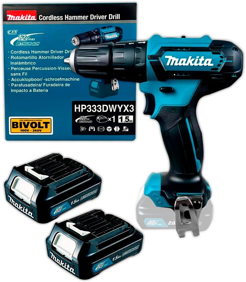 Furadeira e Parafusadeira de Impacto a Bateria 12V Makita HP333DWYX3 CXT com 1 Bateria 1,5Ah e Carregador Bivolt